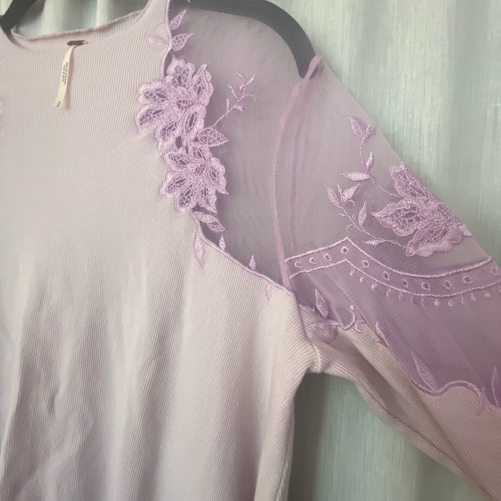 Free People Romantic Lilac Long Sleeve Top with Mesh Shoulders Floral Embroidery - Picture 5 of 9